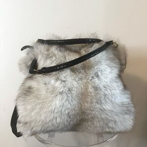Real Fox Fur Tote Bag with Black and Gold Straps